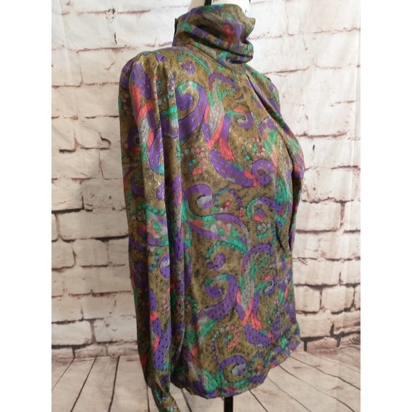 Vintage 80s Size 6 Small Nicola Jewel Tone Shoulder Pad Pleated Blouse High Neck - Picture 5 of 11